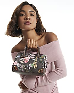 Brown Faux Leather Flower Monogram Bowler Bag