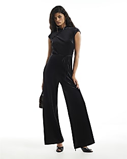 Black Velvet Stand Up Collar Jumpsuit