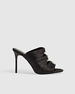 Black Satin Stiletto Heel Mule Sandals