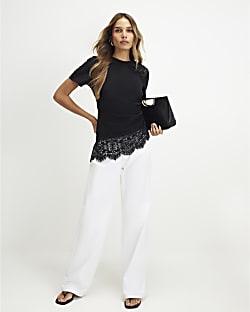 Black Cotton Lace Asymmetric Ruched T-Shirt