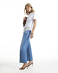 White Lace Asymmetric Hem Ruched T-Shirt