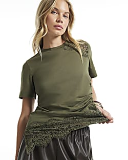Green Cotton Lace Asymmetric Ruched T-Shirt