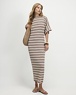 Brown Short Sleeve Striped Maxi Batwing Dress