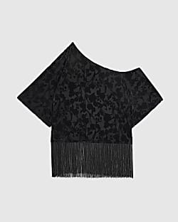 Petite Black Devore One Shoulder Fringe Top