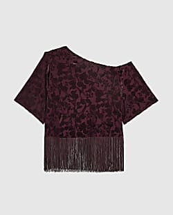 Petite Wine Devore One Shoulder Fringe Top