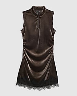 Petite Brown Lace Trim Velvet Mini Dress