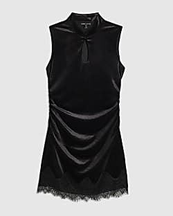 Petite Black Lace Trim Velvet Mini Dress