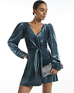 Petite Blue Tie Front Velvet Mini Dress