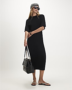 Black Short Sleeve Texture Batwing Maxi Dress