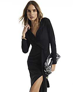 Black Drape Front Long Sleeve Midi Dress