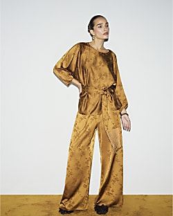 Brown Satin Jacquard Wide Leg Trousers