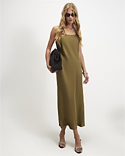 Khaki Satin Slip Maxi Dress