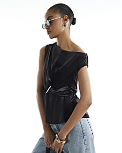 Black Velvet One Shoulder Buckle Top