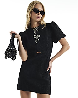 Black Velvet Lace Puff Sleeve Mini Dress