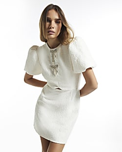 Cream Velvet Lace Puff Sleeve Mini Dress