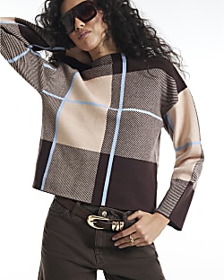 Brown Check High Neck Jumper
