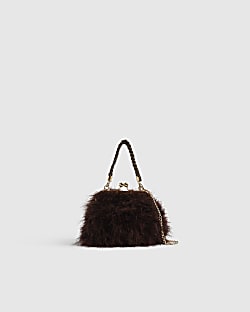Brown Diamante Feather Clutch Bag