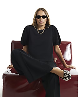 Black Short Sleeve Puff Sleeve Top