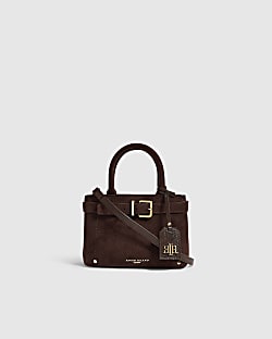 Brown Faux Suede Belt Front Mini Tote Bag