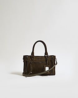 Khaki Faux Suede Zip Panel Tote Bag