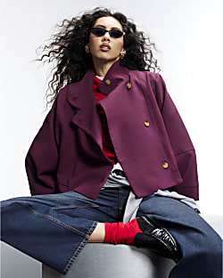 Purple Funnel Neck Cocoon Sleeve Jacket