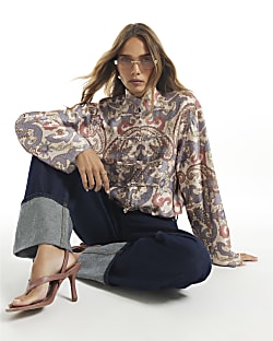 Cream Satin Paisley Print Frogging Blouse