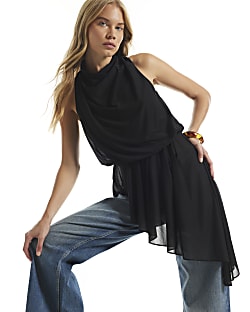 Black Halter Neck Asymmetric Hem Top