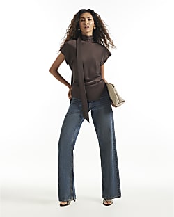 Brown Satin Tie Neck Sleeveless Blouse