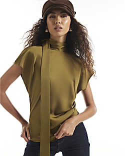 Khaki Satin Tie Neck Sleeveless Blouse