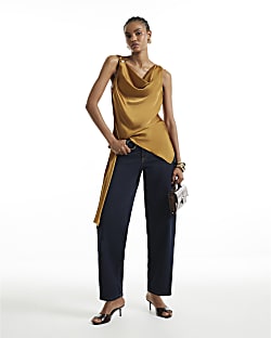 Yellow Satin Buckle Draped Sash Top