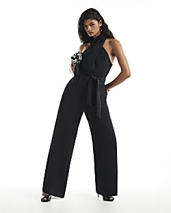 Black Halter Neck Belted Jumpsuit