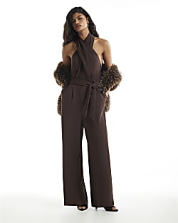 Brown Halter Neck Belted Jumpsuit