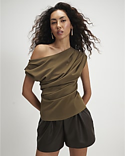 Khaki One shoulder Drape Top
