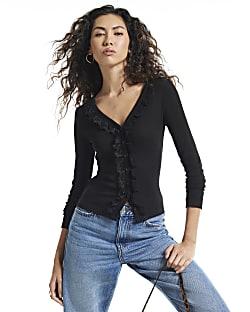 Black Ribbed Lace Trim Cardigan