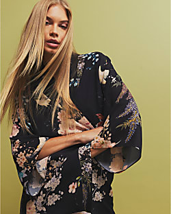 Black Floral Print Kimono