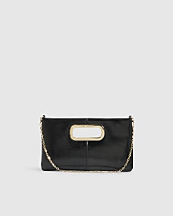 Black Panelled Metal Handle Clutch Bag