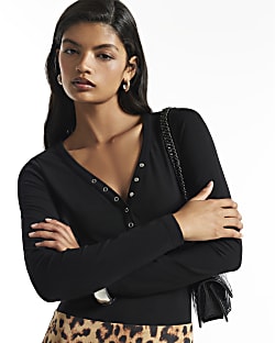 Black Long Sleeve Henley Bodysuit