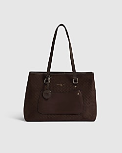 Brown Faux Suede Pocket Front Tote Bag