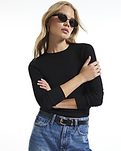 Black Rib Long Sleeve Baby Tee T-Shirt