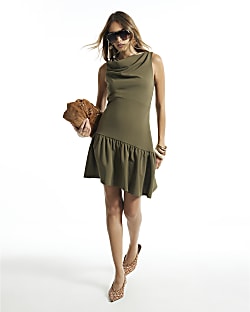 Khaki Cowl Neck Peplum Mini Dress