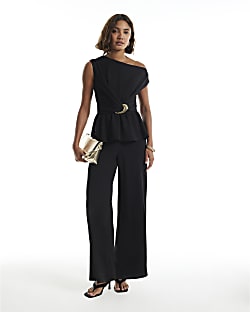 Black One Shoulder Buckle Detail Jumpsuit
