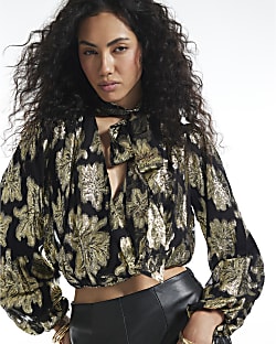 Black Metallic Wrap Bubble Hem Top