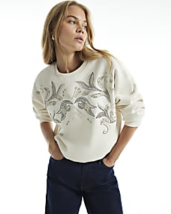 Cream Embellished Sweatshirt
