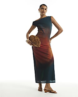 Blue Mesh Printed Drape Dress