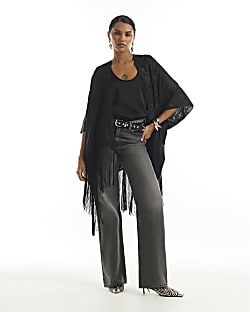 Black Jacquard Tassel Trim Kimono