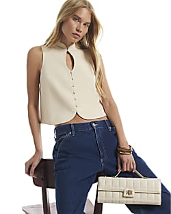 Cream Boxy Stand Up Collar Top