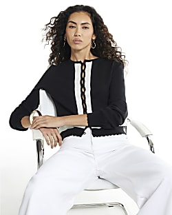 Black Open Button Blocked Cardigan