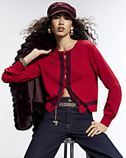 Red Open Button Blocked Cardigan