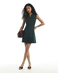 Green Sleeveless Pleated Hem Mini Dress
