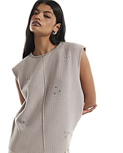 Beige Knitted Embellished Cosy Tank